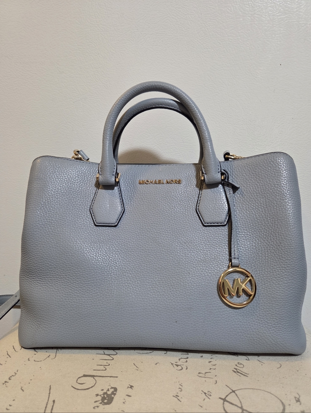 Michael Kors Camille Blue Pebbled Leather Satchel Crossbody Gold Hardware